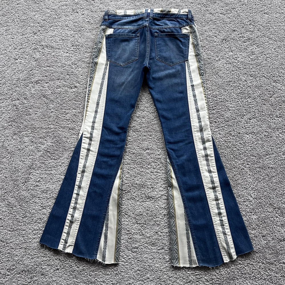 Free People Danica Boho Stripe Flare Jeans Womens 27 Blue Mid Rise‎ Raw Hem - Picture 2 of 16